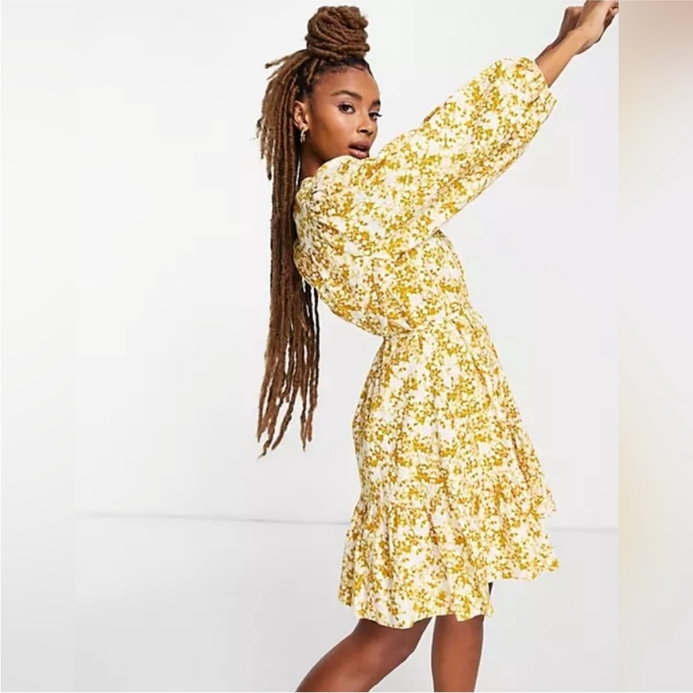 Topshop long sleeve woven floral mini dress in mustard bohemian size 8